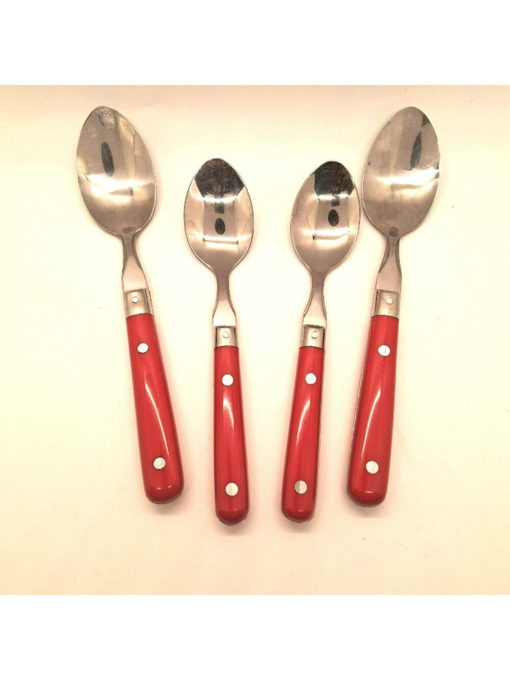 WF Mardi Gras Stainless Steel 2 Tea 2 Table Spoons Red Handles Vintage Flatware